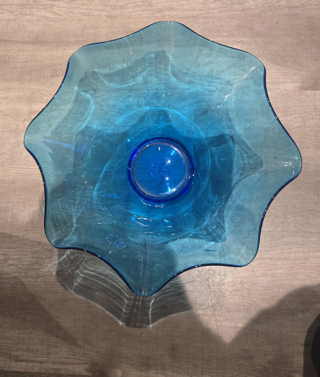 Vintage Blown Glass Wavy Bowl in Blue