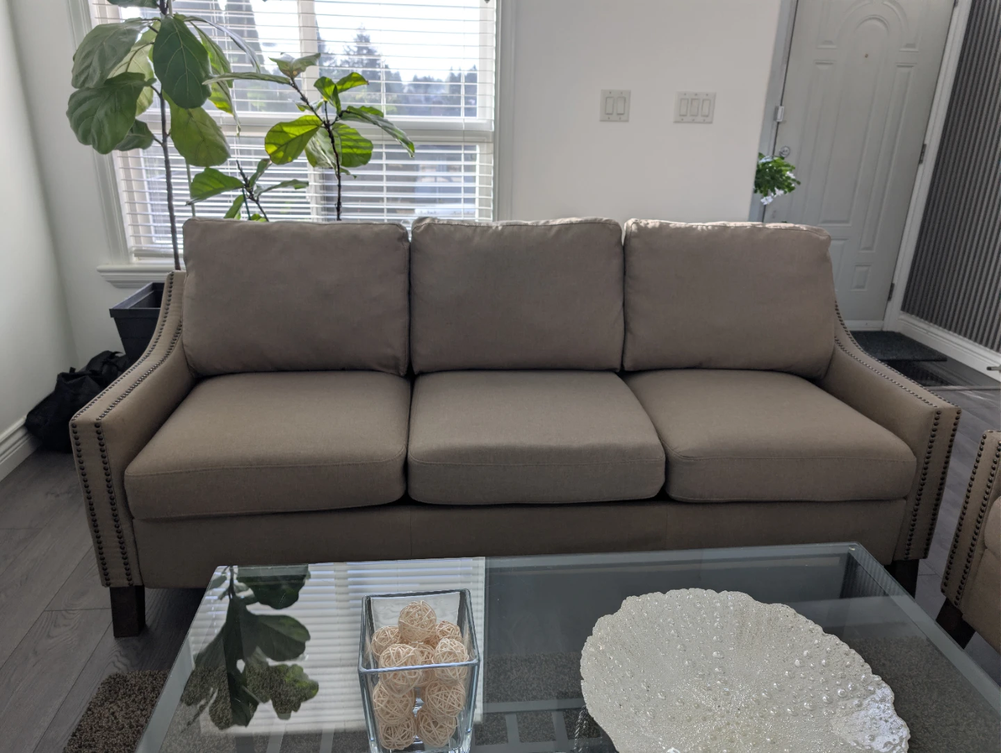 Beige 3-Seater Sofa with Nailhead Trim