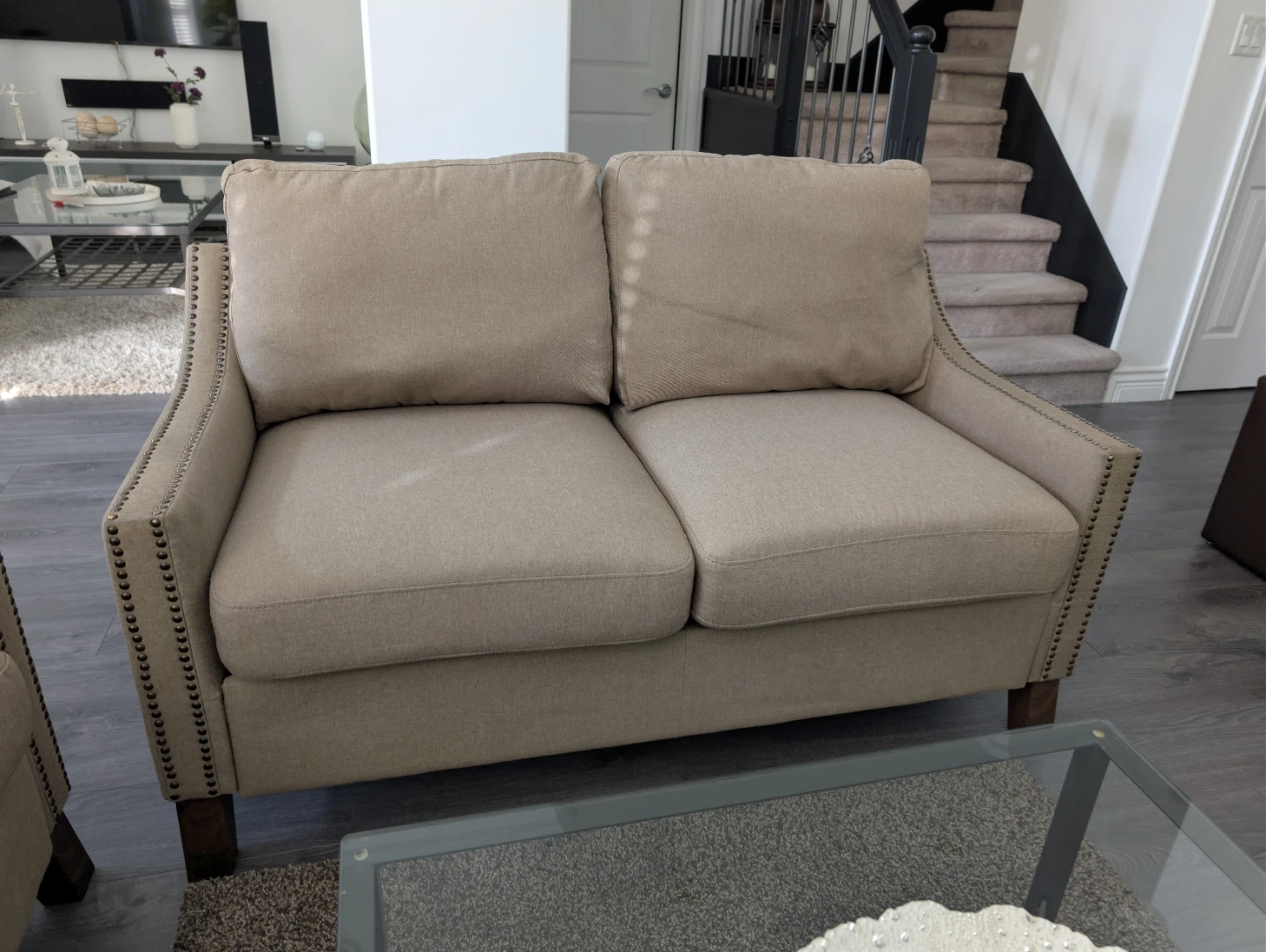Beige 3-Seater Sofa with Nailhead Trim - photo 2