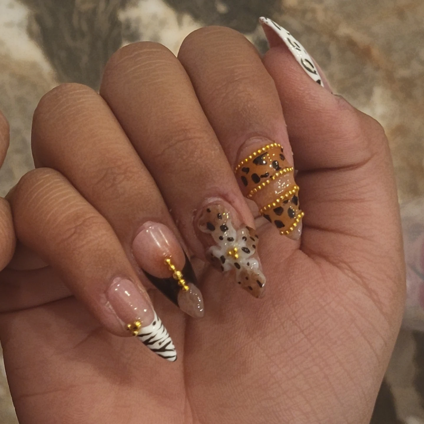 Set of 10 Animal Print False Nails with Gold Accents