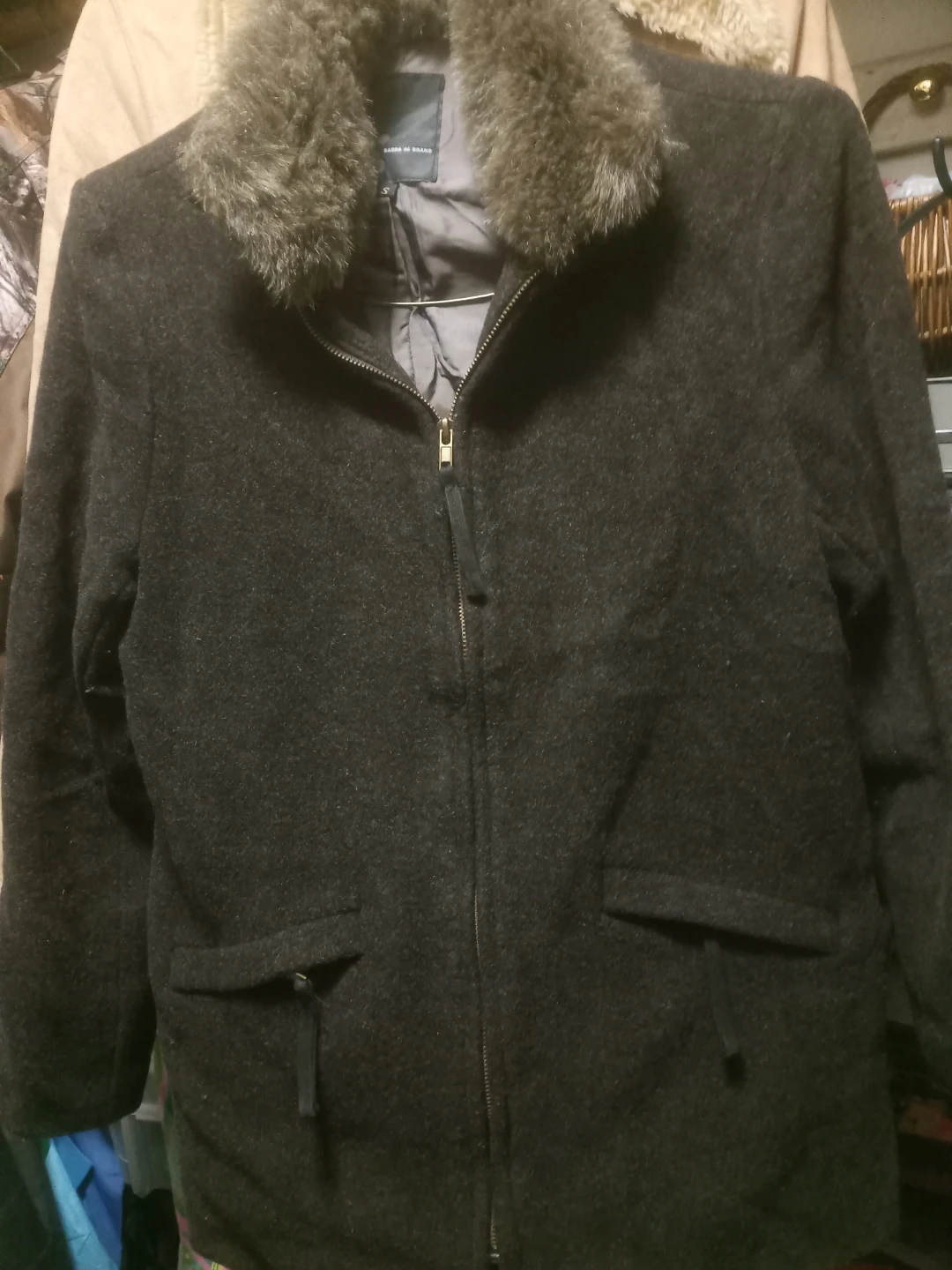 Dark Grey Wool Blend Jacket with Fur Collar