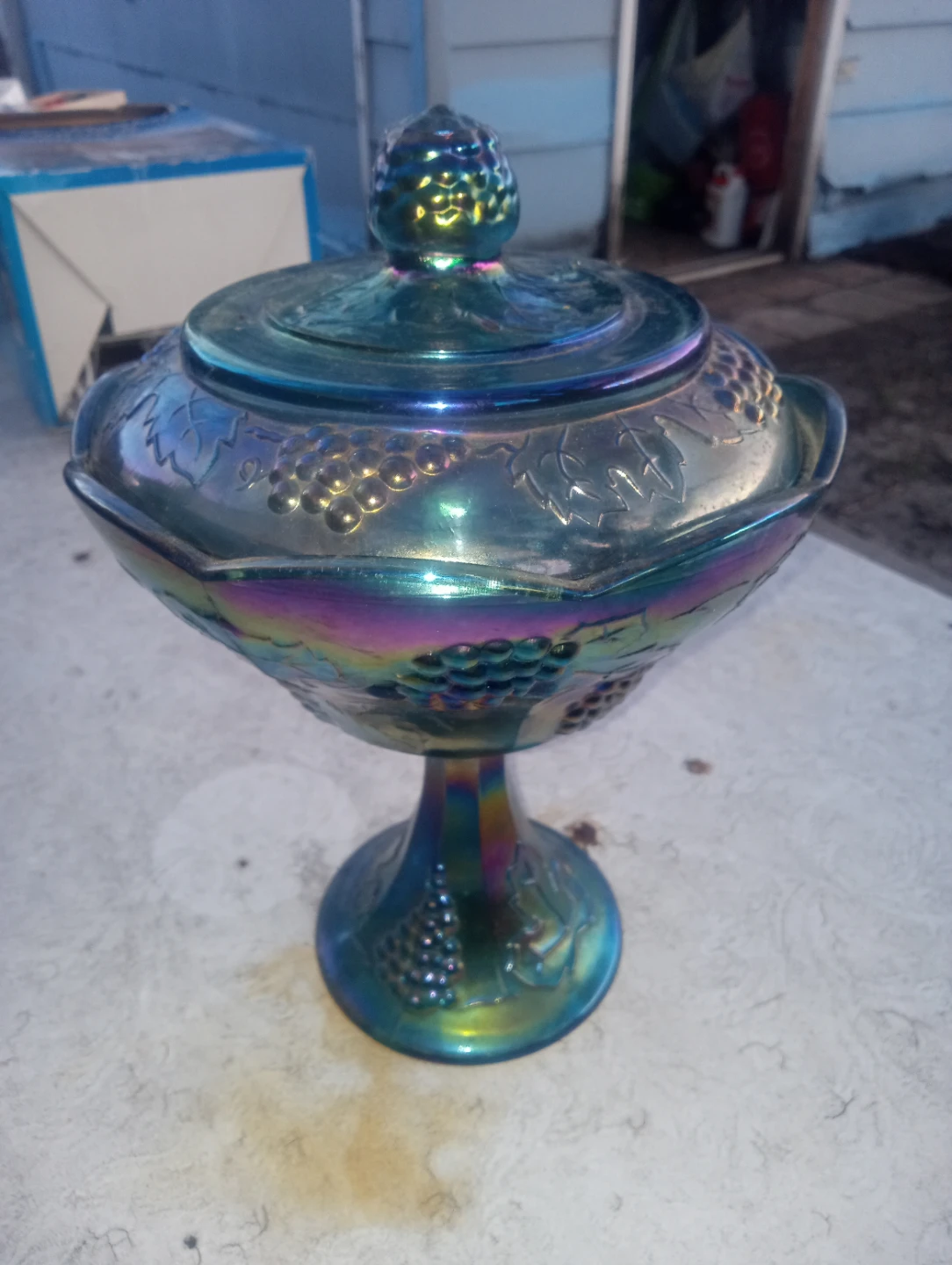 Vintage Blue Iridescent Glass Candy Dish with Lid