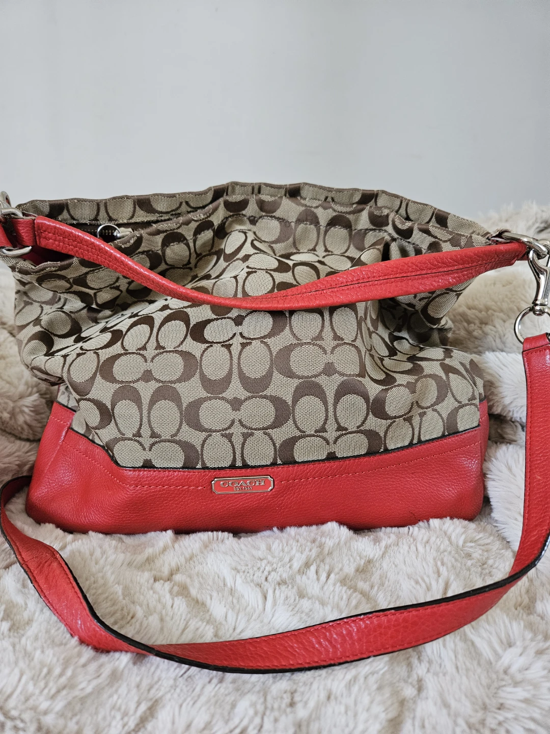 Coach Monogram and Red Leather Hobo Bag