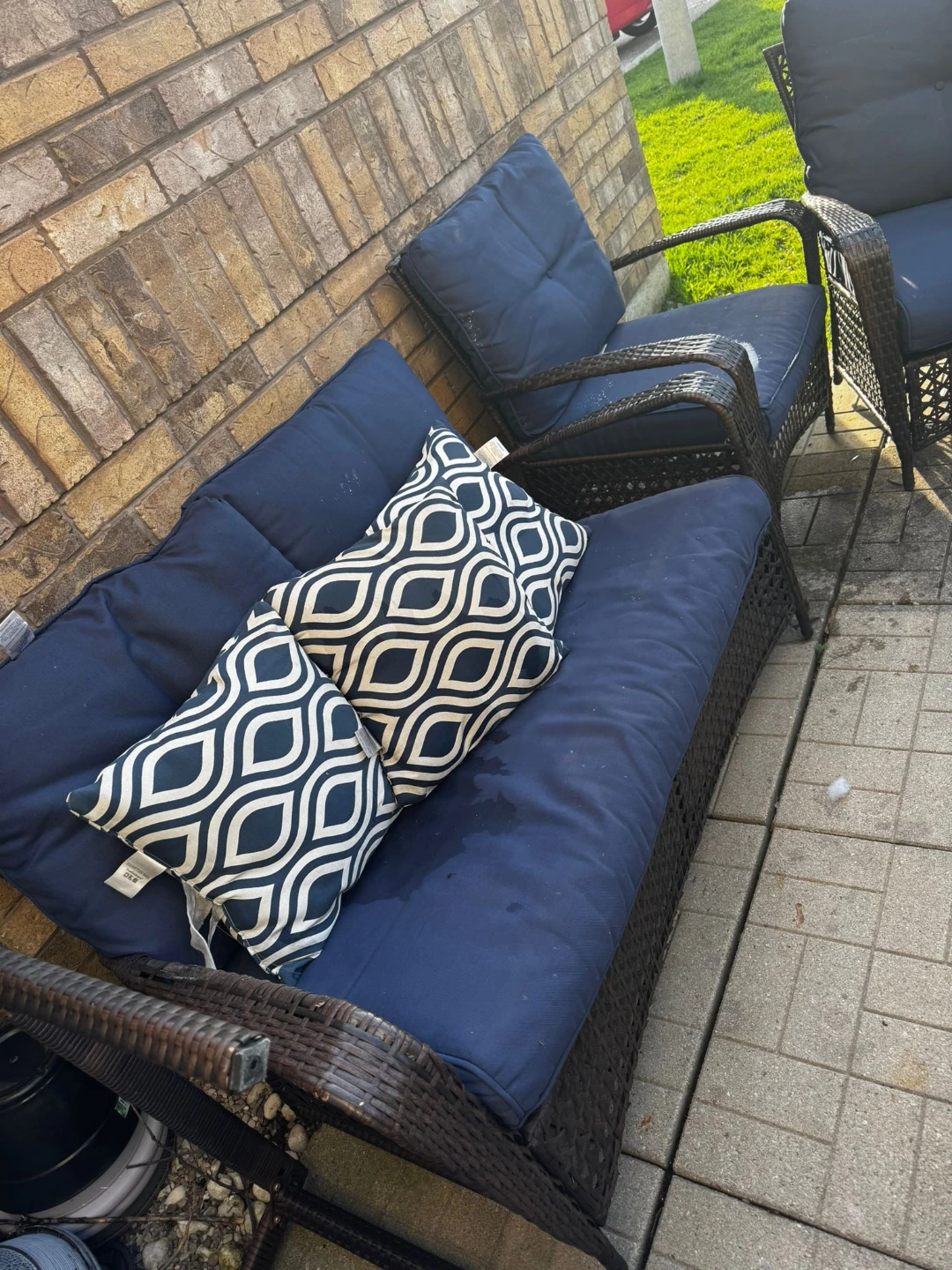 Wicker Patio Set with Blue Cushions