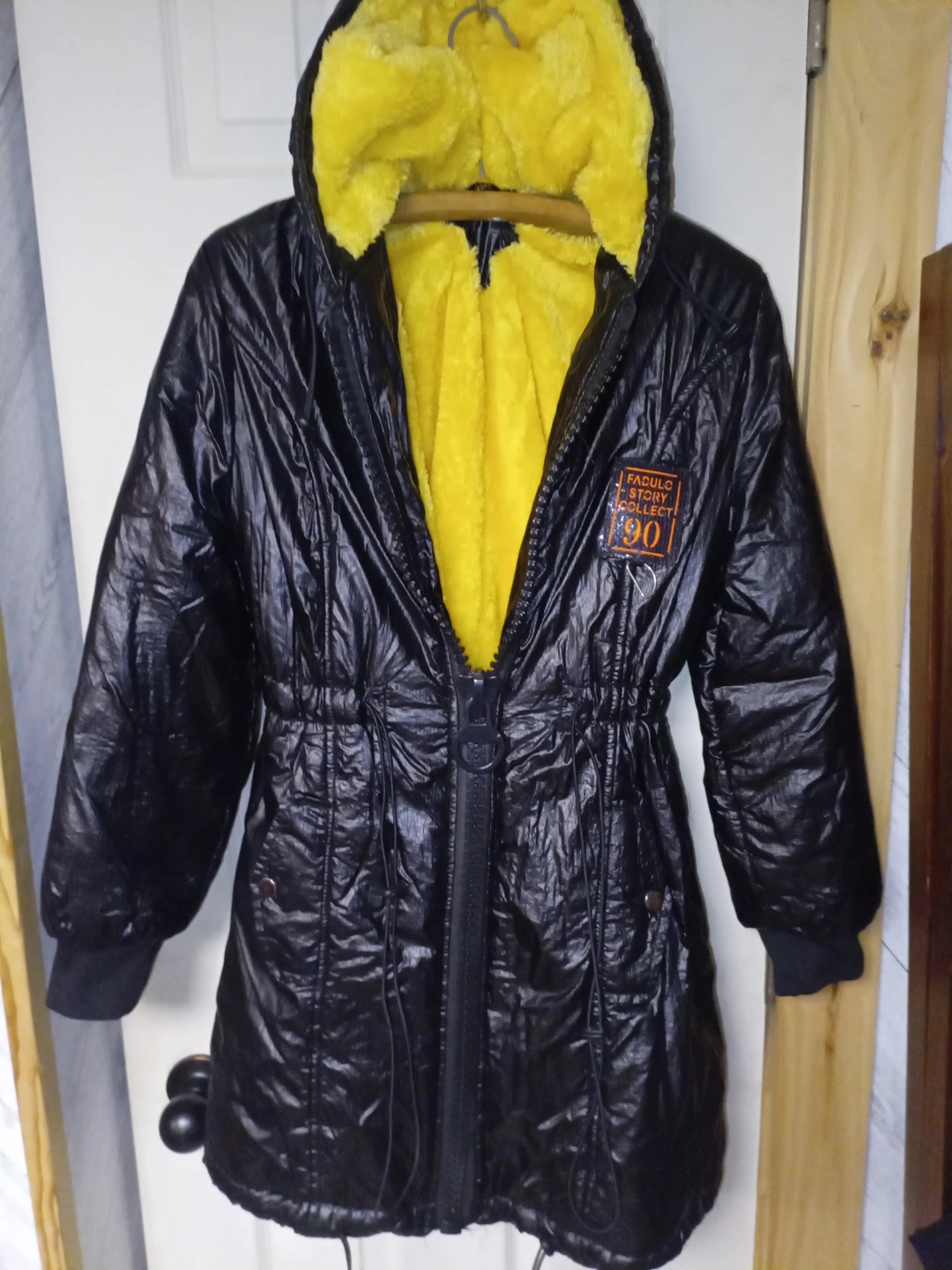 Black Crinkle Coat with Yellow Faux Fur lining