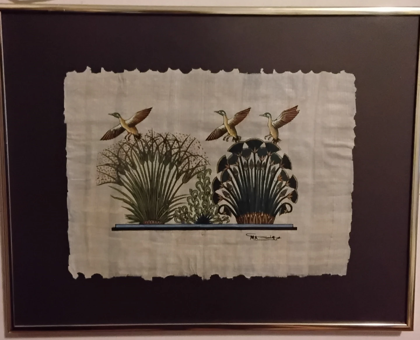 Framed Egyptian Papyrus Art with Birds and Anubis Figure