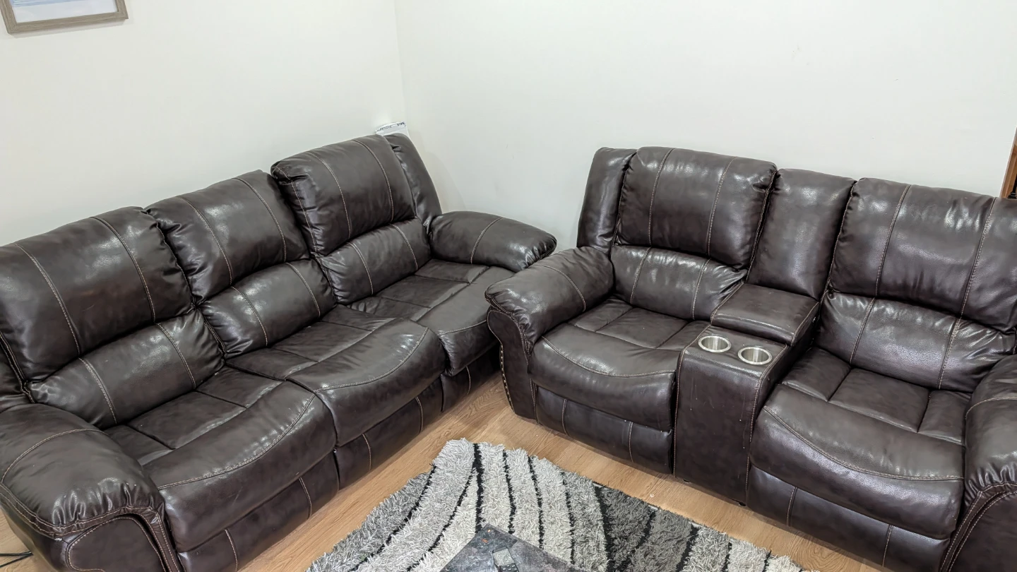 Dark Brown Faux Leather Reclining Sofa with Cup Holders