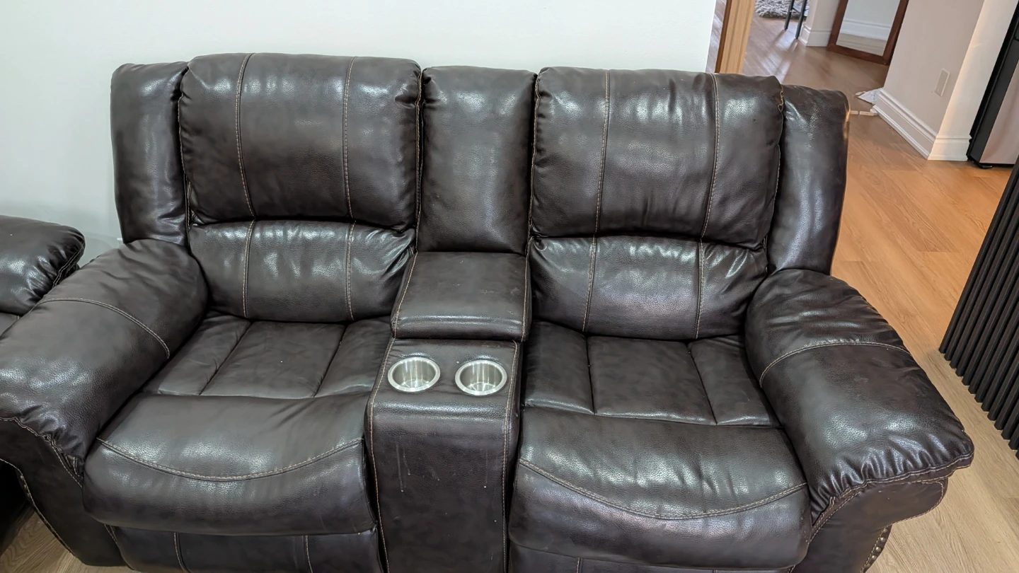 Dark Brown Faux Leather Reclining Sofa with Cup Holders - photo 2
