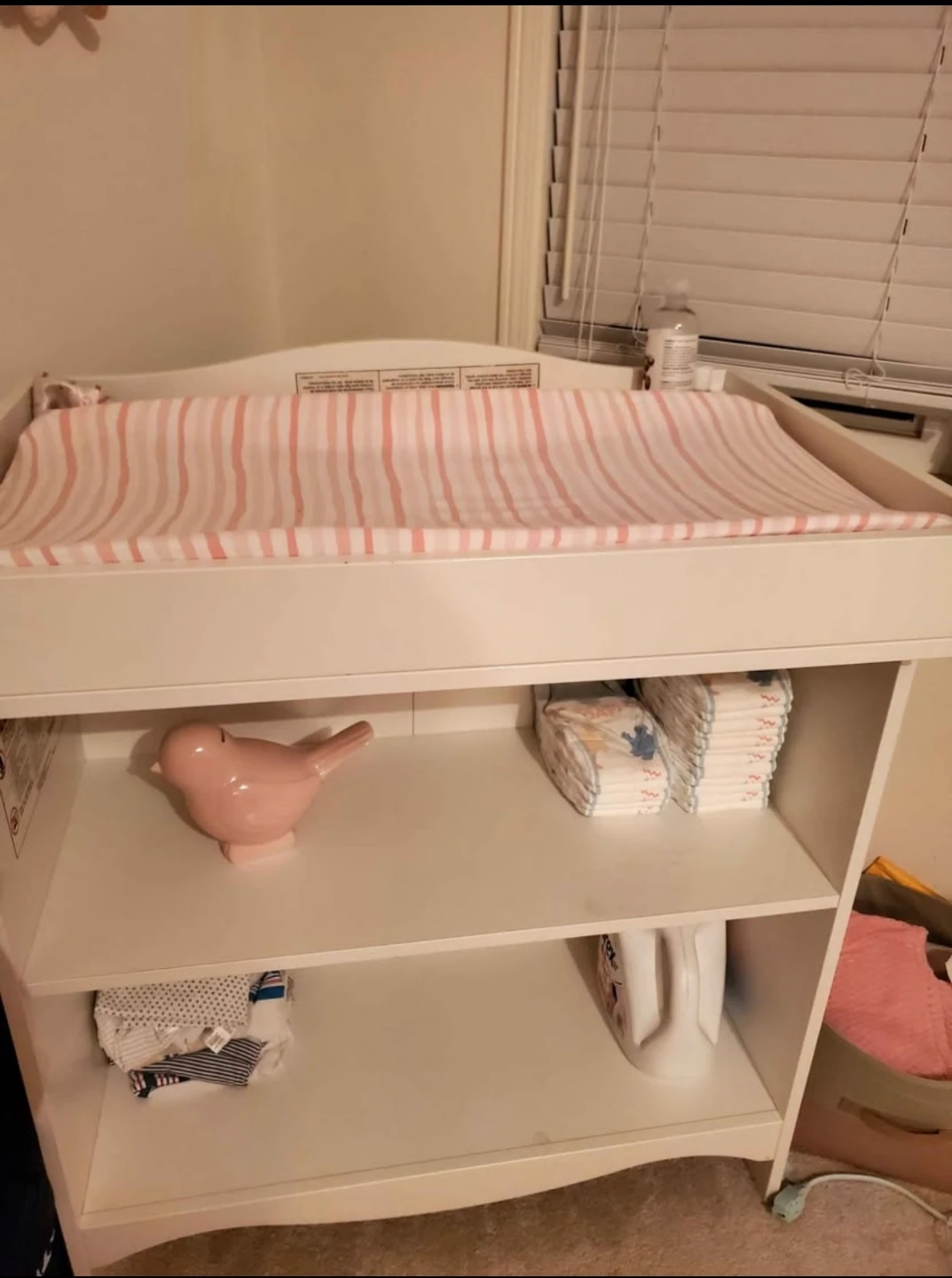 White Baby Changing Table with Storage Shelves and Crib - photo 2