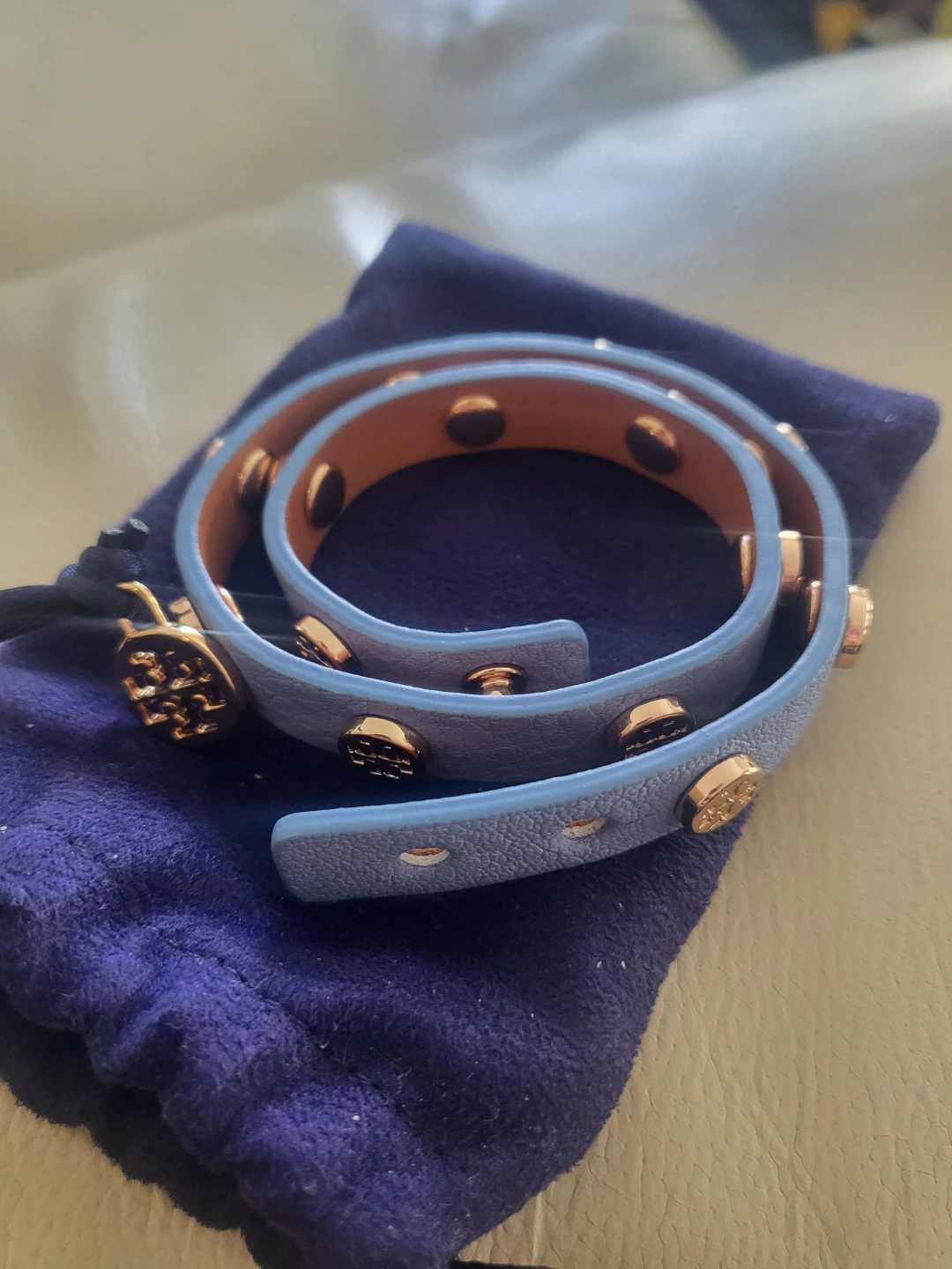 Tory Burch Double Wrap Bracelet - Blue Leather with Gold Studs - photo 2