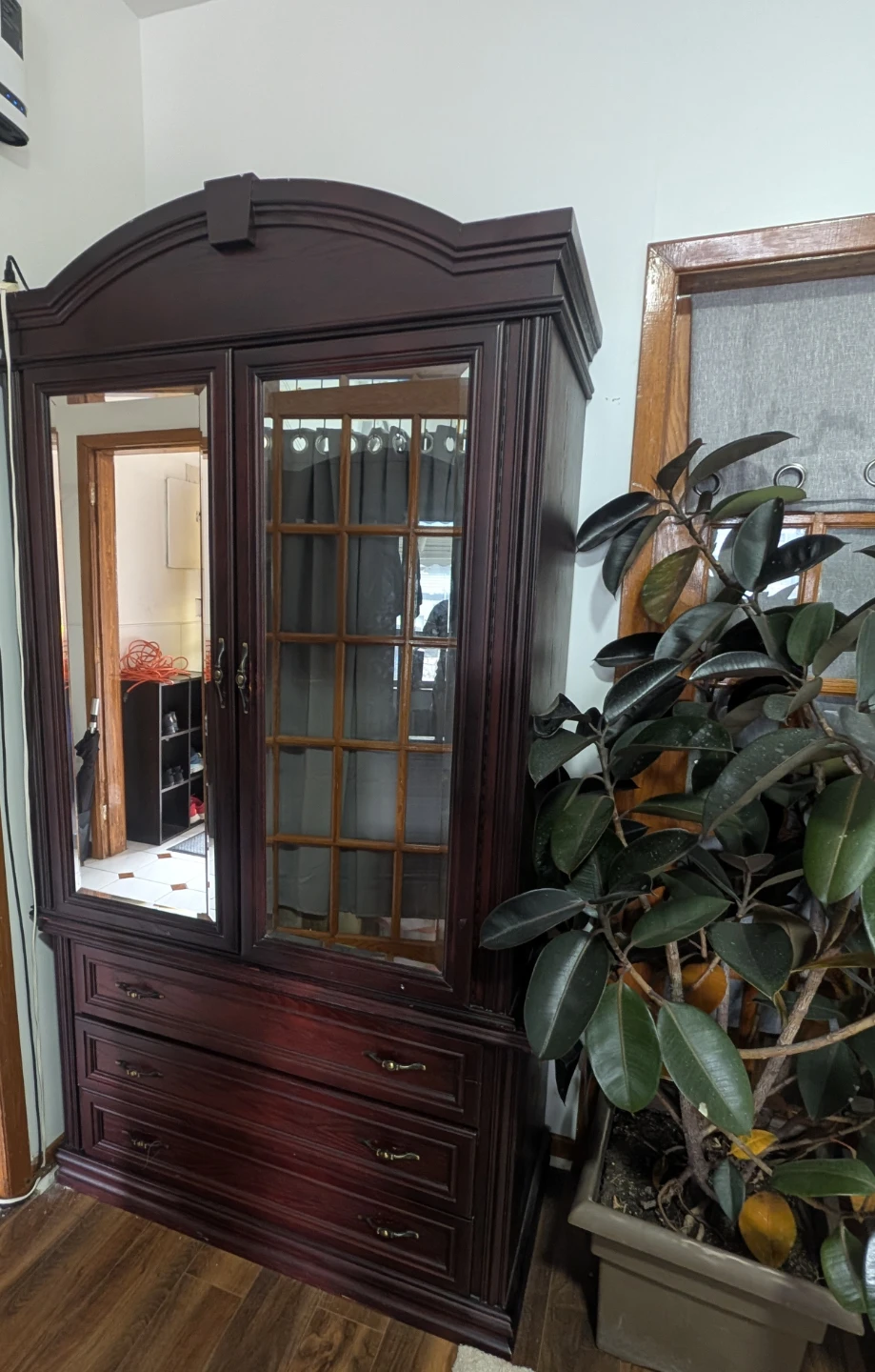 Dark Wood Armoire with Mirror Doors and Drawers - photo 2