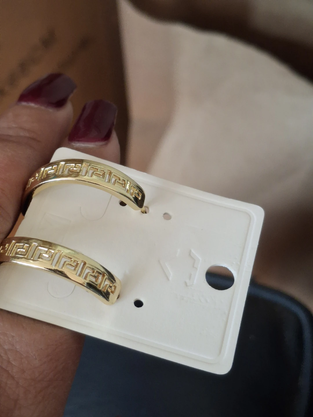 Gold Tone Hoop Earrings with Greek Key Design and Rhinestones - photo 2