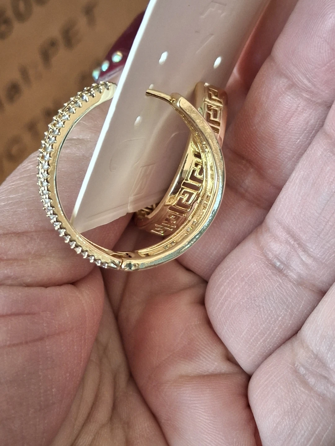 Gold Tone Hoop Earrings with Greek Key Design and Rhinestones - photo 3