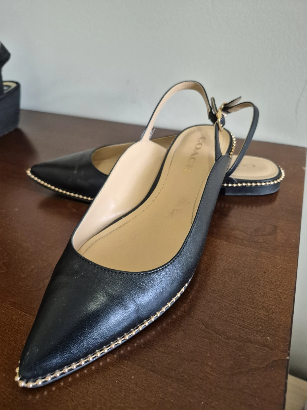 Coach Black Leather Studded Slingback Flats 8.5
