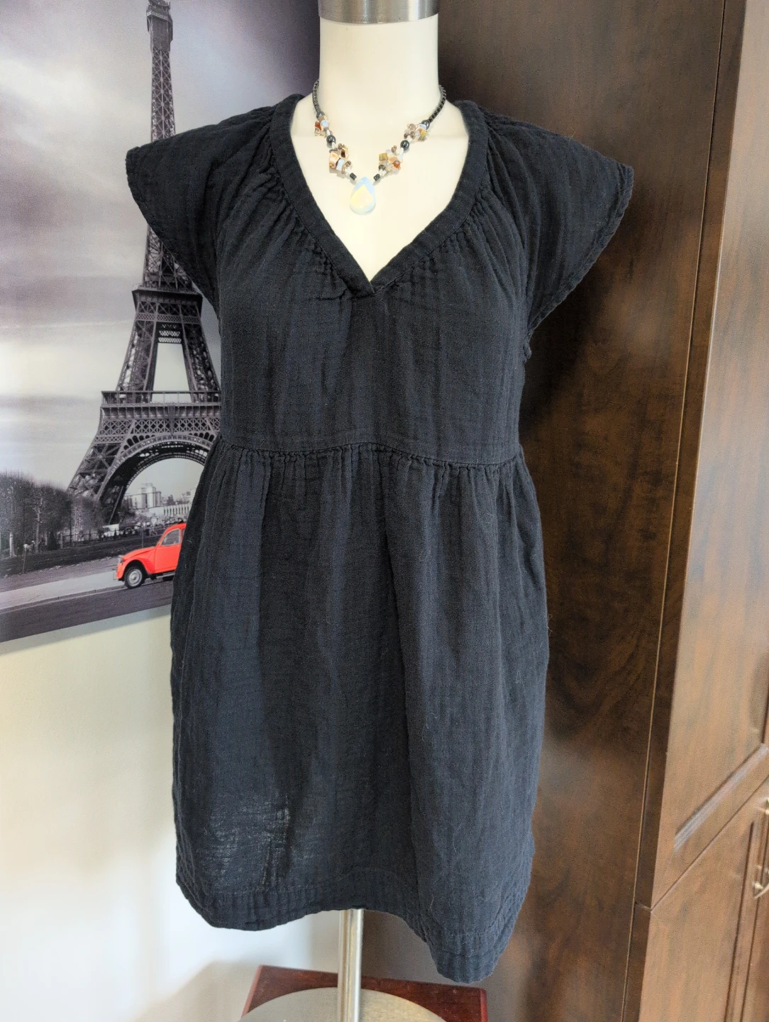 Black Gauze Mini Dress with Pockets
