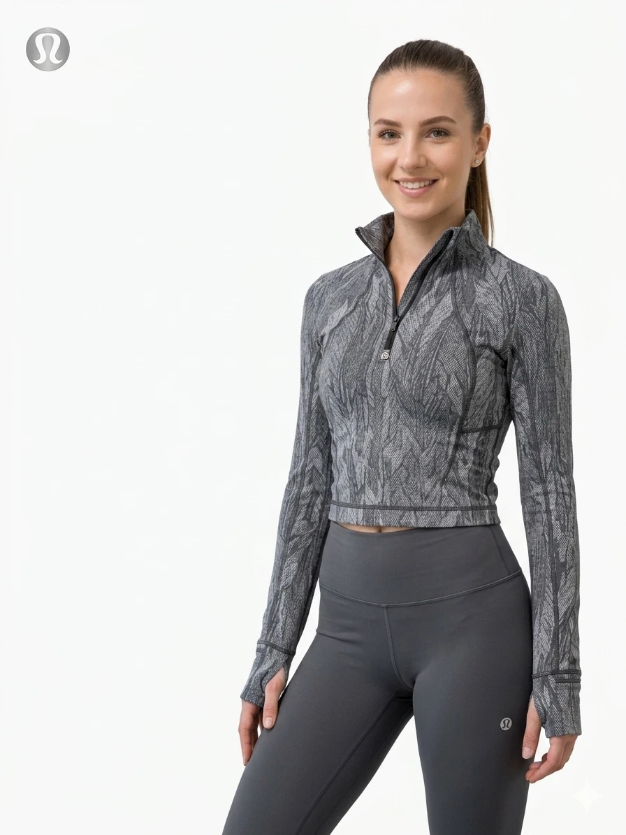 Lululemon Grey Leaf Print Half-Zip Cropped Jacket