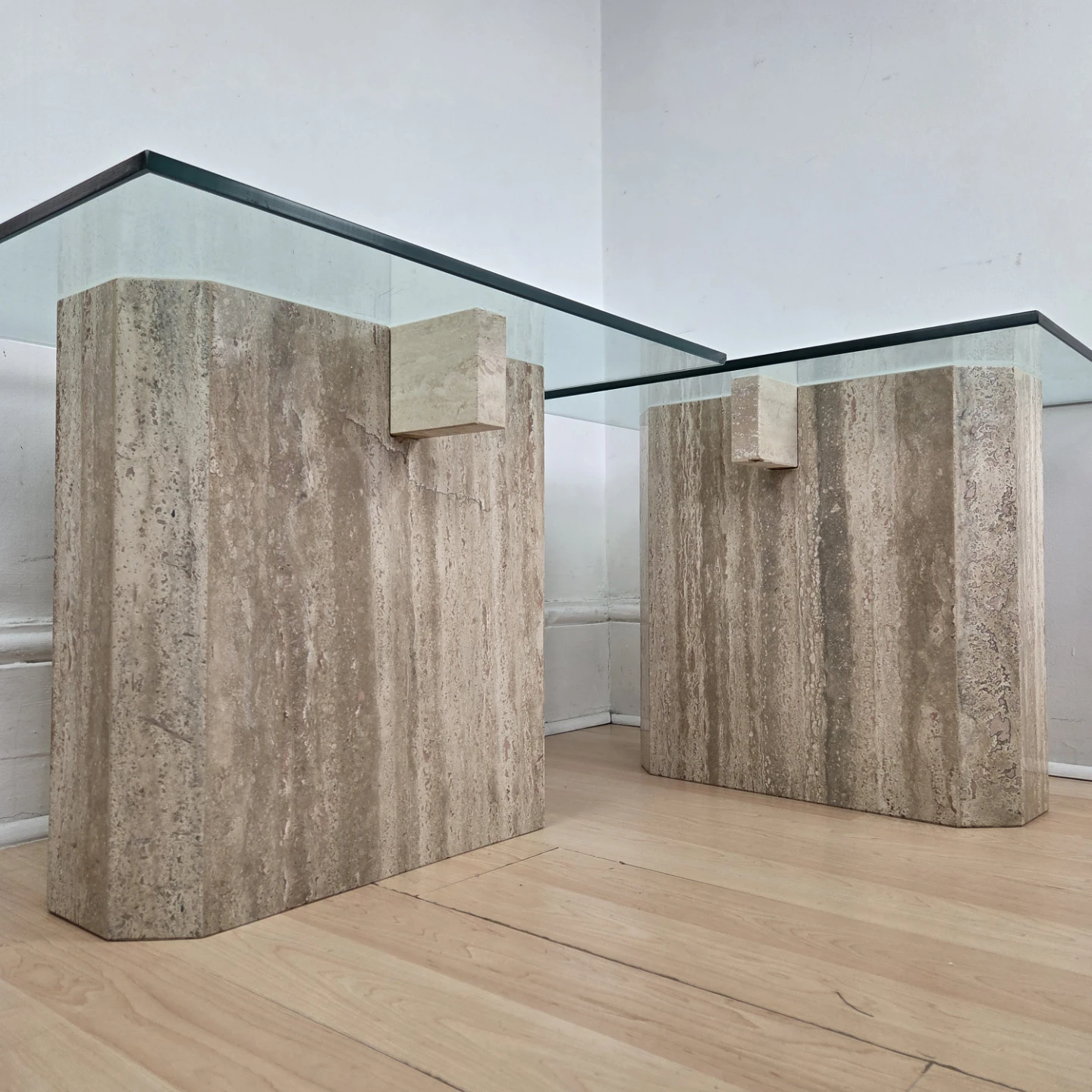 Vintage Travertine and Glass Side Tables (Pair)