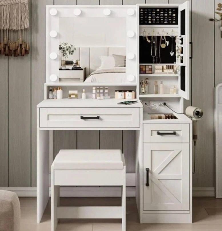 White Vanity Table with Mirror and Stool
