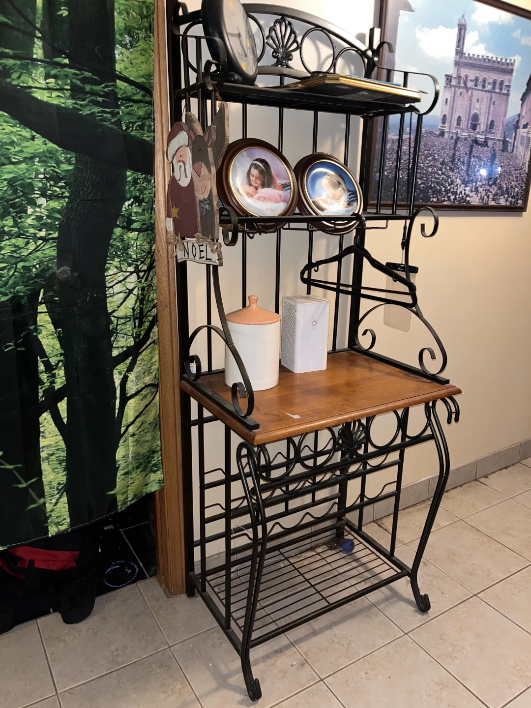 Metal and Wood Baker's Rack with Wine Storage