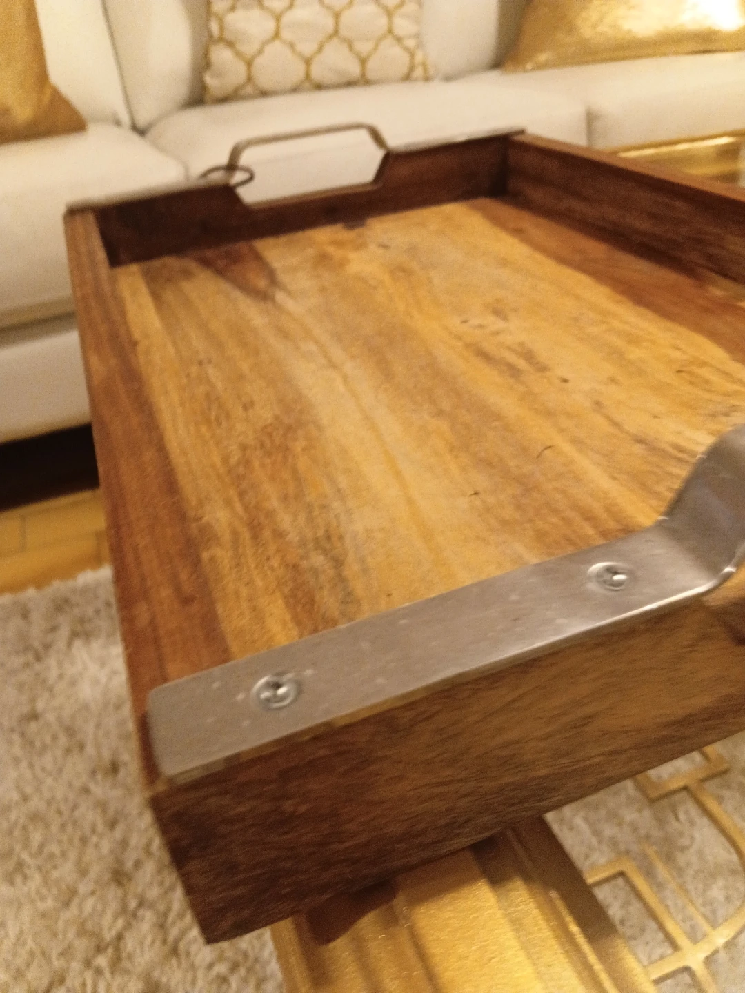 Wooden Serving Tray with Metal Handles