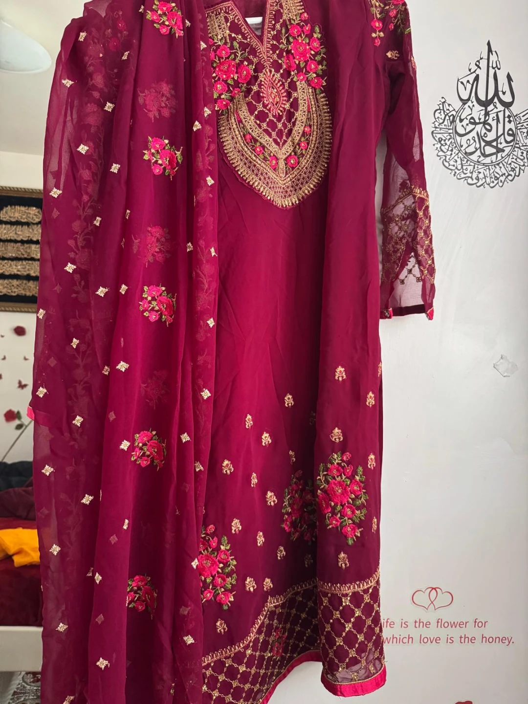 Maroon Embroidered Dress with Dupatta
