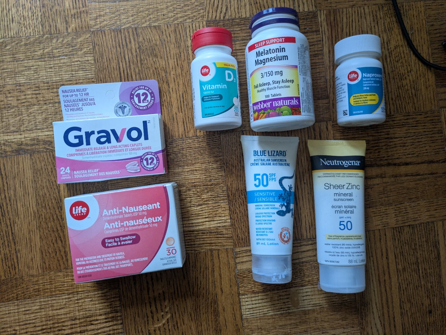 Gravol, D3, Melatonin + Magnesium, Naproxen, Sunscreen