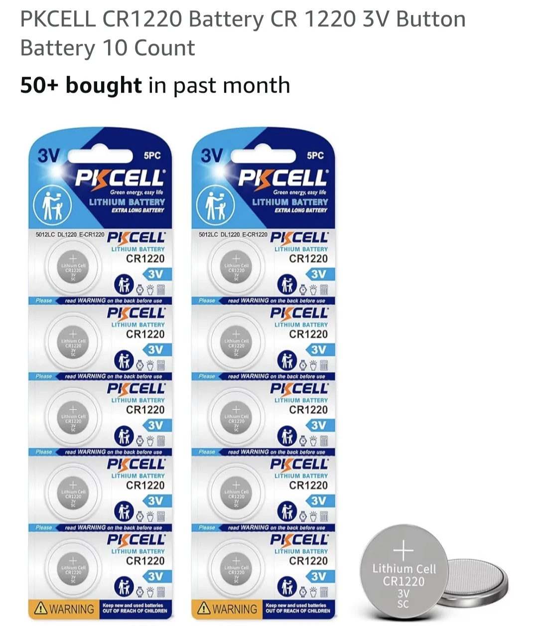 PKCELL CR1220 3V Lithium Button Battery - 10 Count