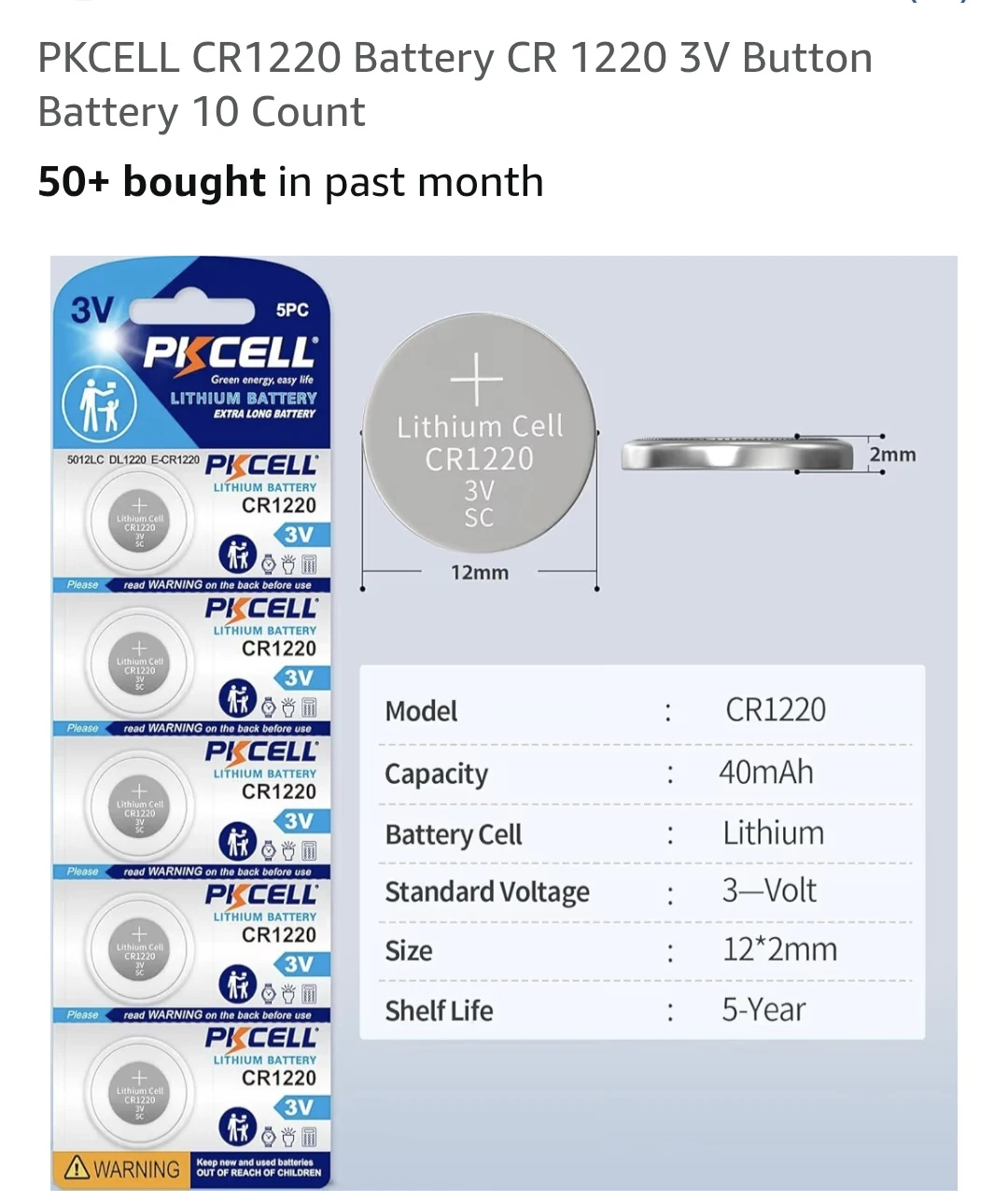 PKCELL CR1220 3V Lithium Button Battery - 10 Count - photo 2