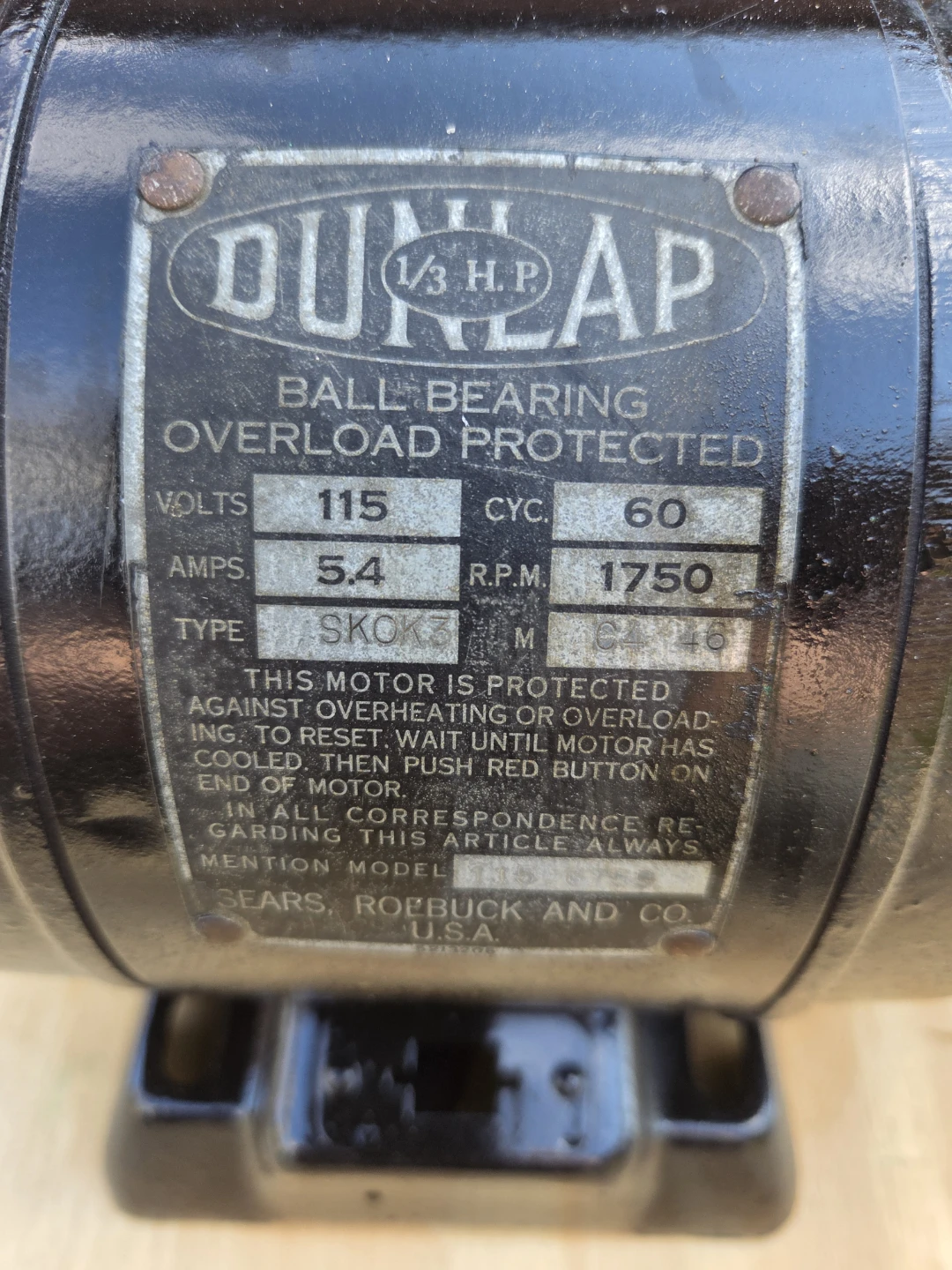 Dunlap 1/3 HP Ball Bearing Motor