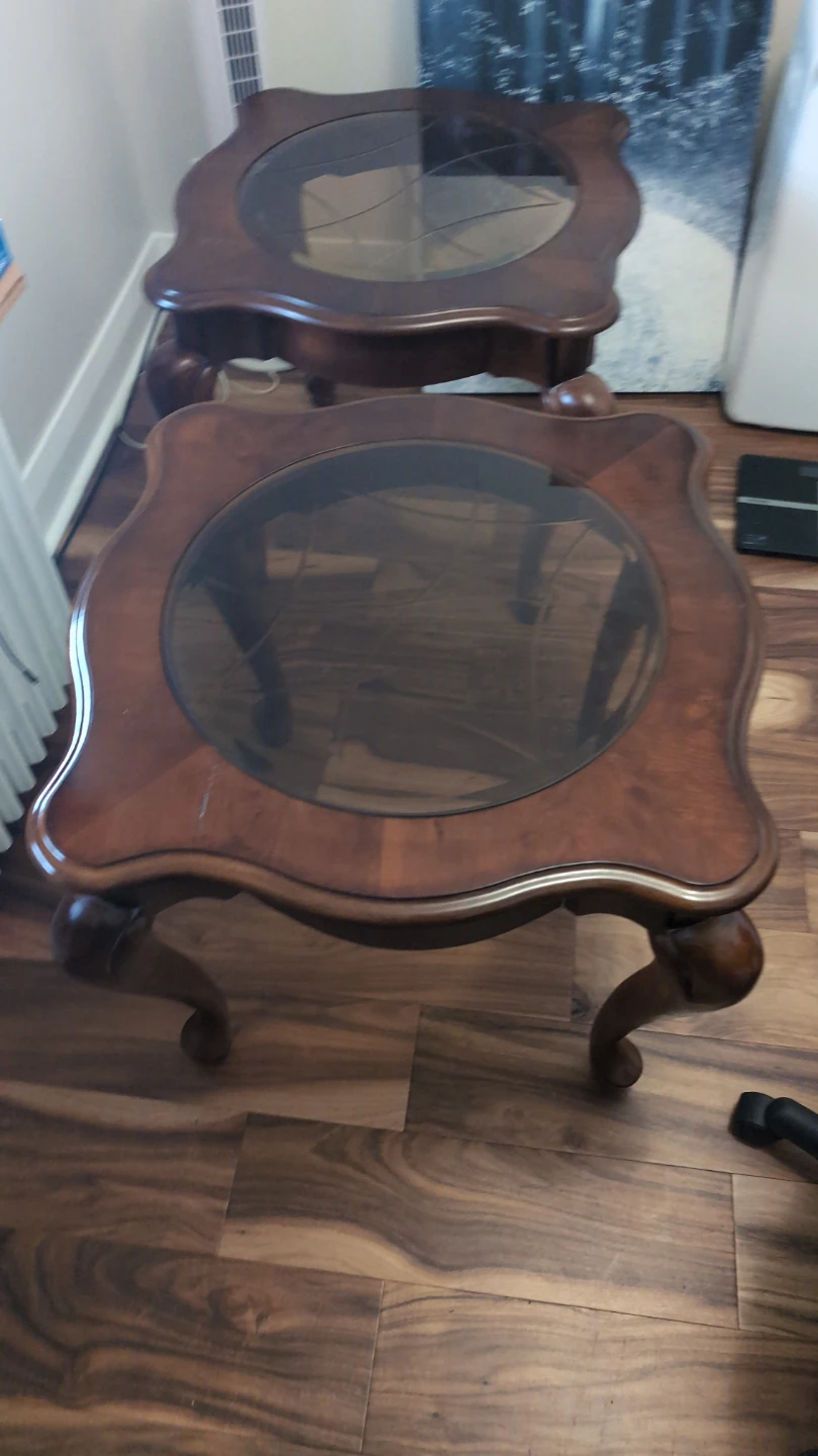 Vintage Wood and Glass Accent Table pair