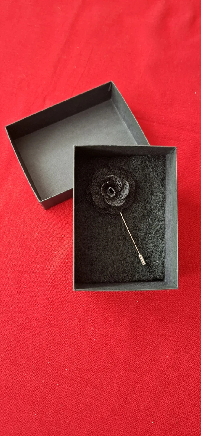 Black Fabric Rose Lapel Pin with Box