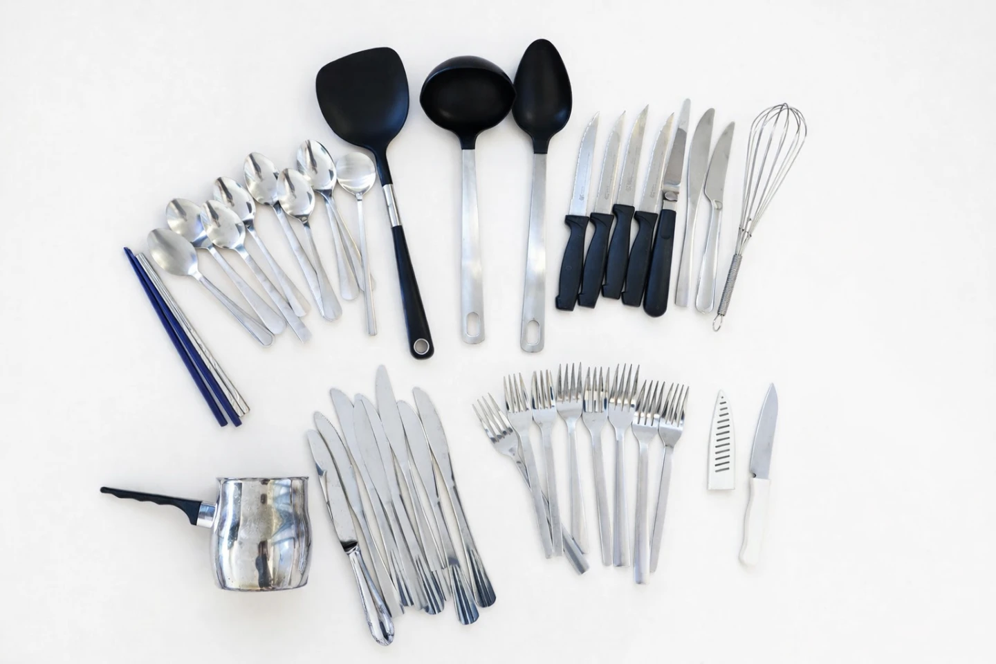 Assorted Stainless Steel Kitchen Utensils and Cutlery Set