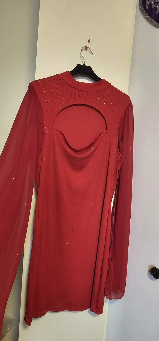 Women's Red Sparkle Cutout Long Sleeve Dress - photo 4