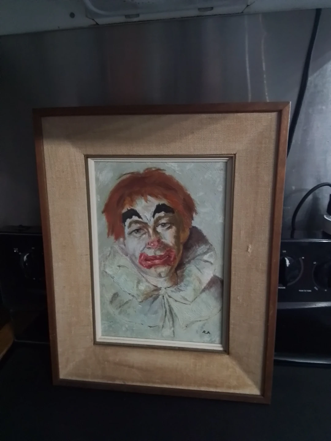 Vintage Signed Melancholy Clown Portrait OOC 16x20"