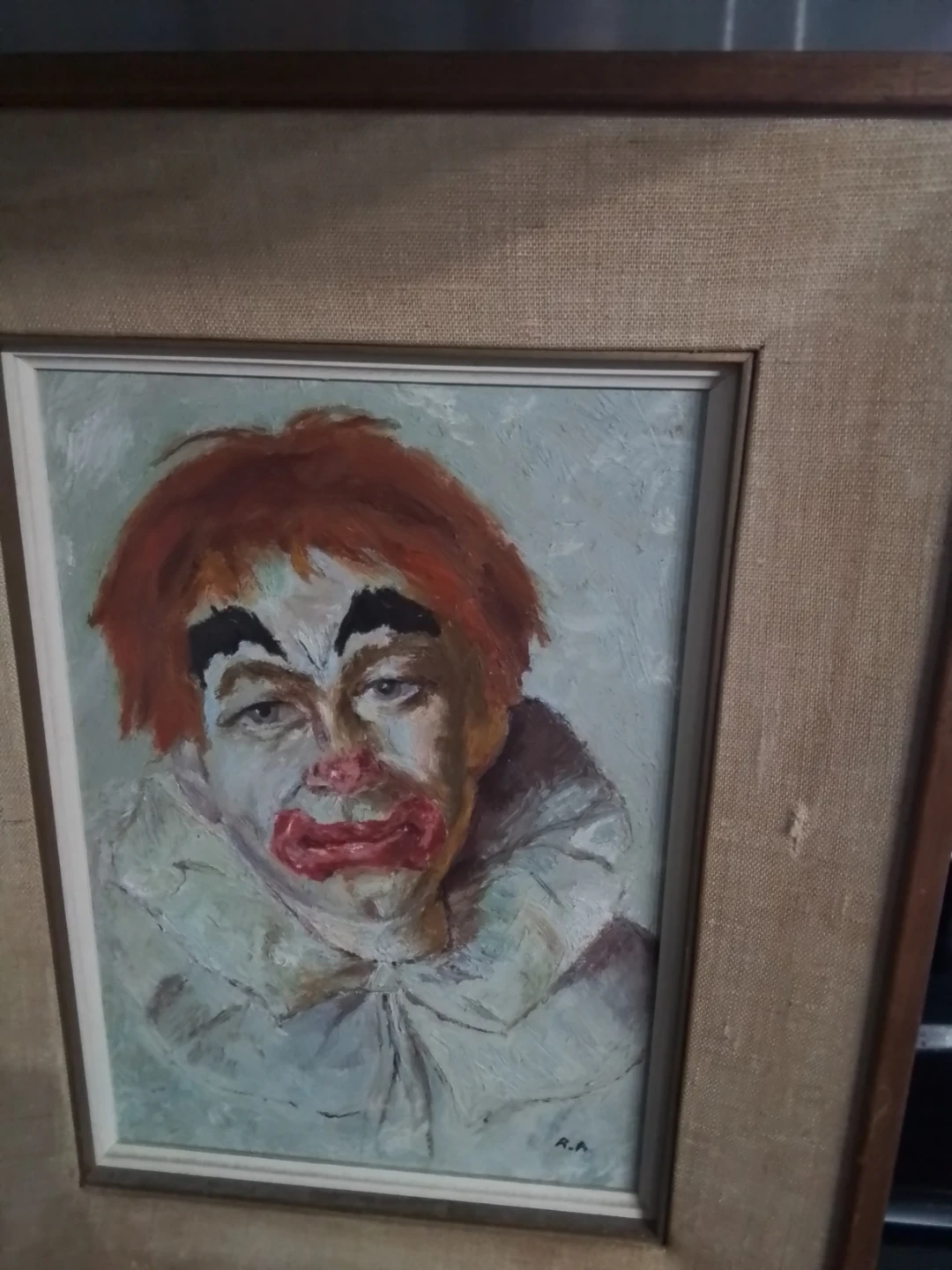 Vintage Signed Melancholy Clown Portrait OOC 16x20" - photo 2