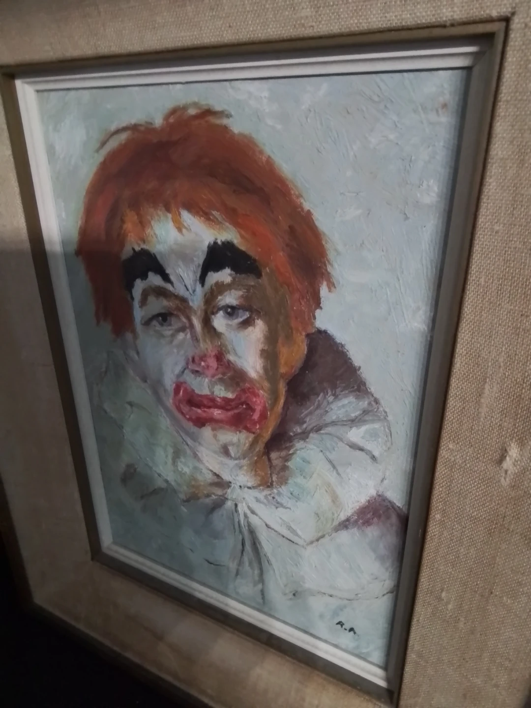 Vintage Signed Melancholy Clown Portrait OOC 16x20" - photo 4