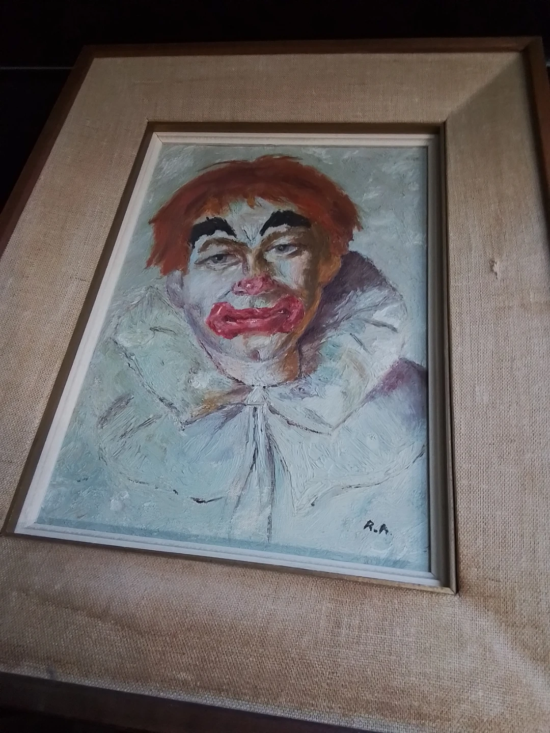 Vintage Signed Melancholy Clown Portrait OOC 16x20" - photo 5