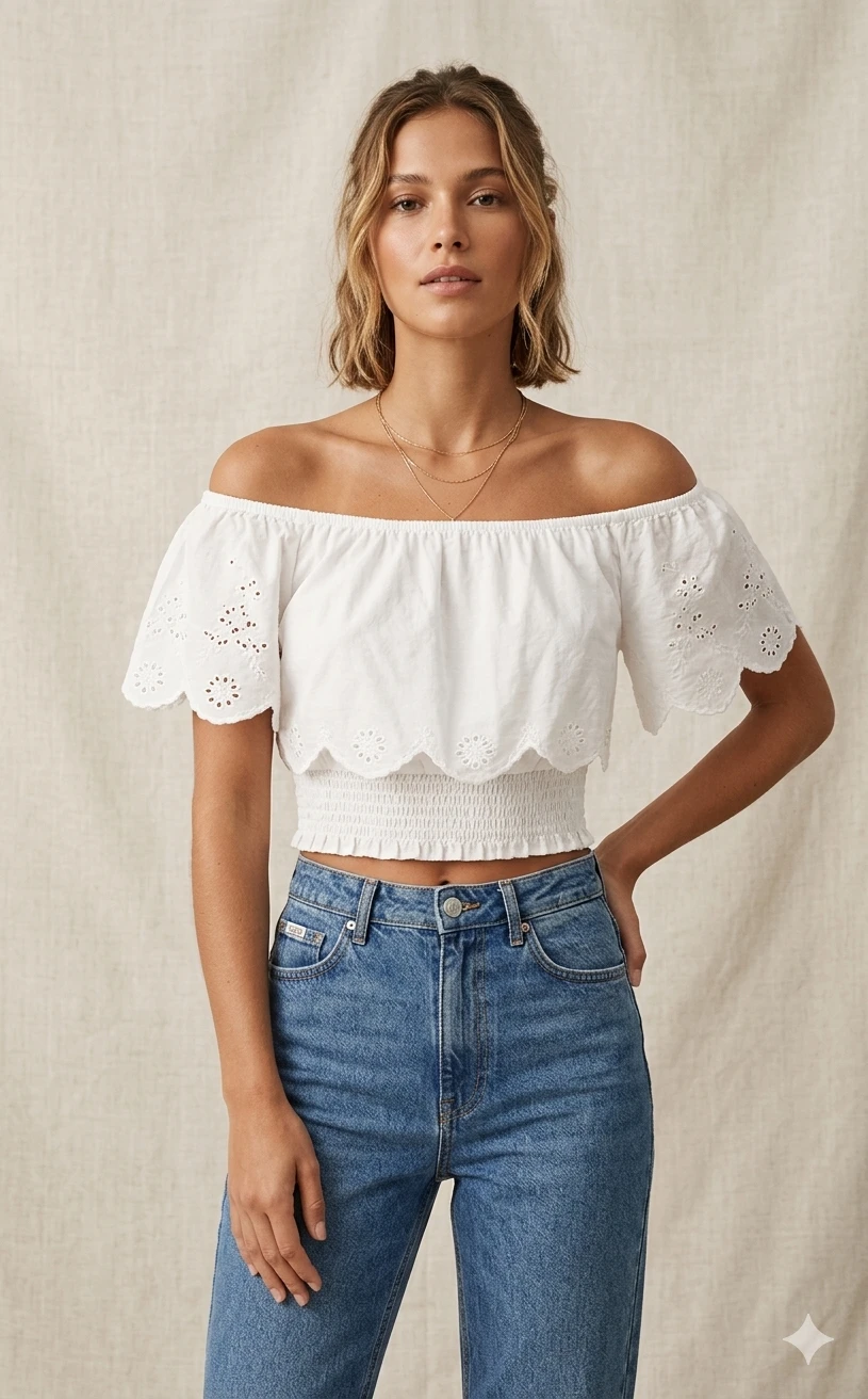 Zara White Broderie Anglaise Off-the-Shoulder Crop Top