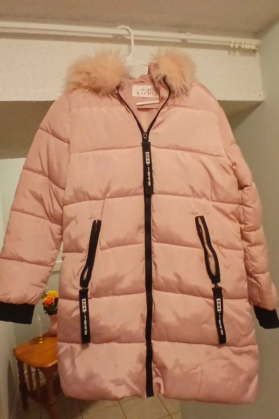 Pink Puffer Coat with Faux Fur Hood