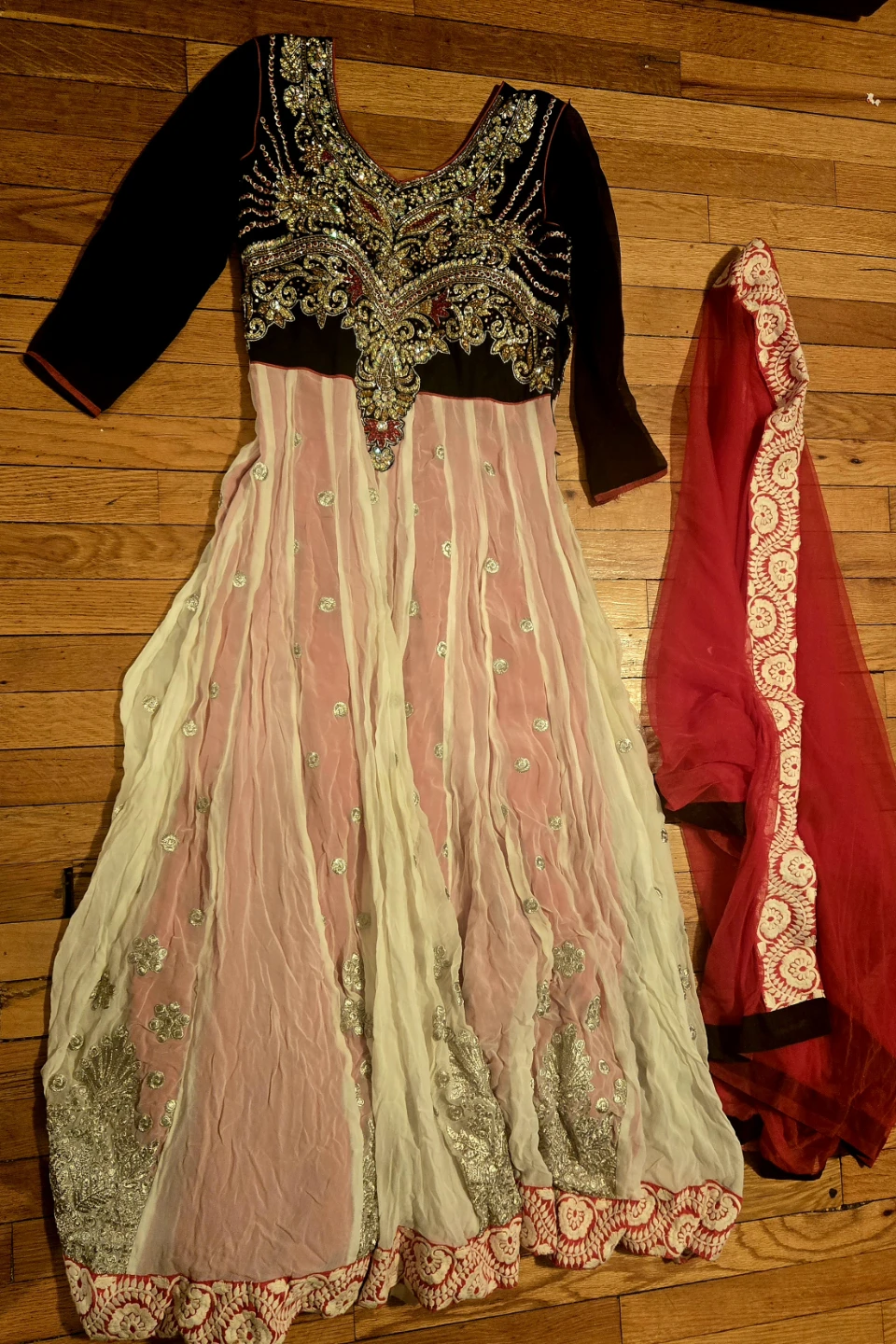 Embellished Black and Pink Anarkali Dress with Red Dupatta