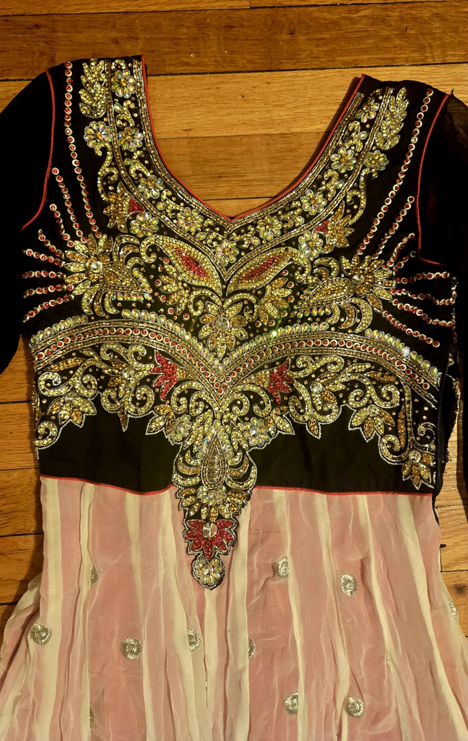 Embellished Black and Pink Anarkali Dress with Red Dupatta - photo 2