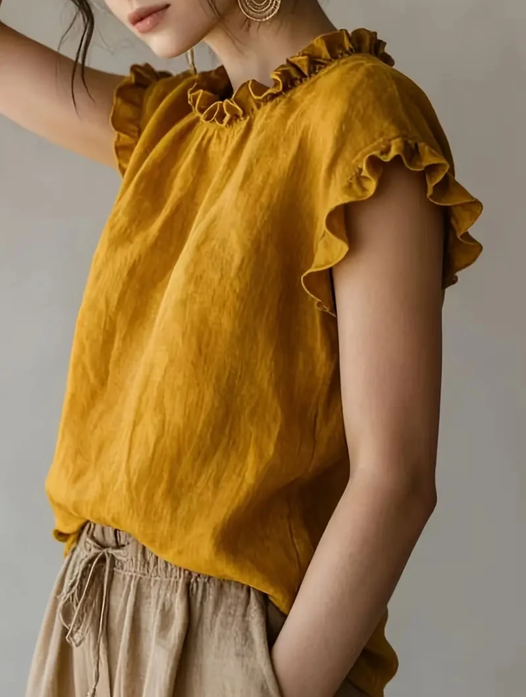 Mustard-coloured ruffled top - S - photo 3
