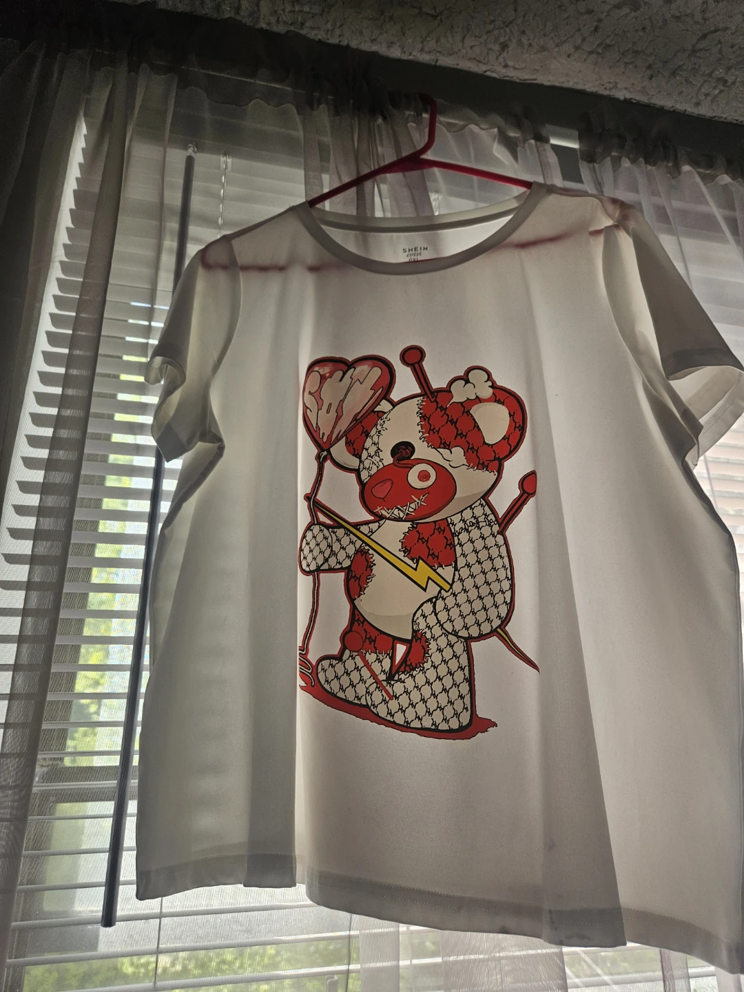 SHEIN White Graphic T-Shirt with Teddy Bear Design