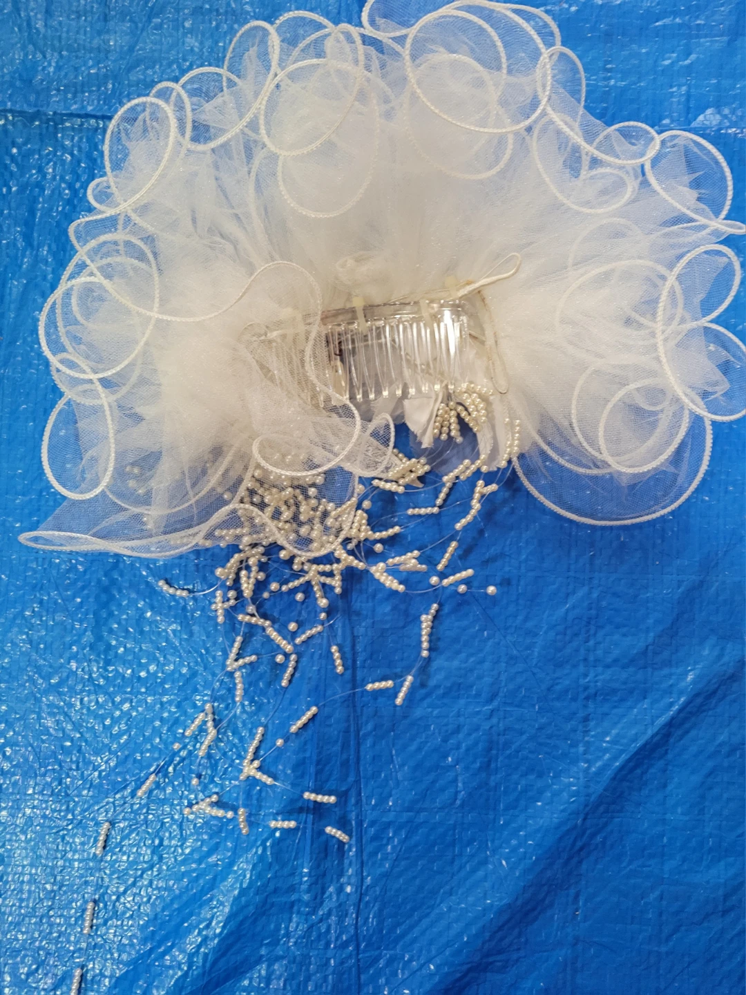 White Tulle Bridal Hair Comb with Pearls