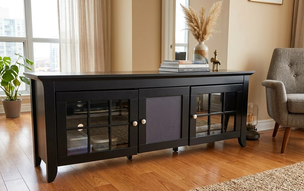 Black TV Stand with Glass Doors