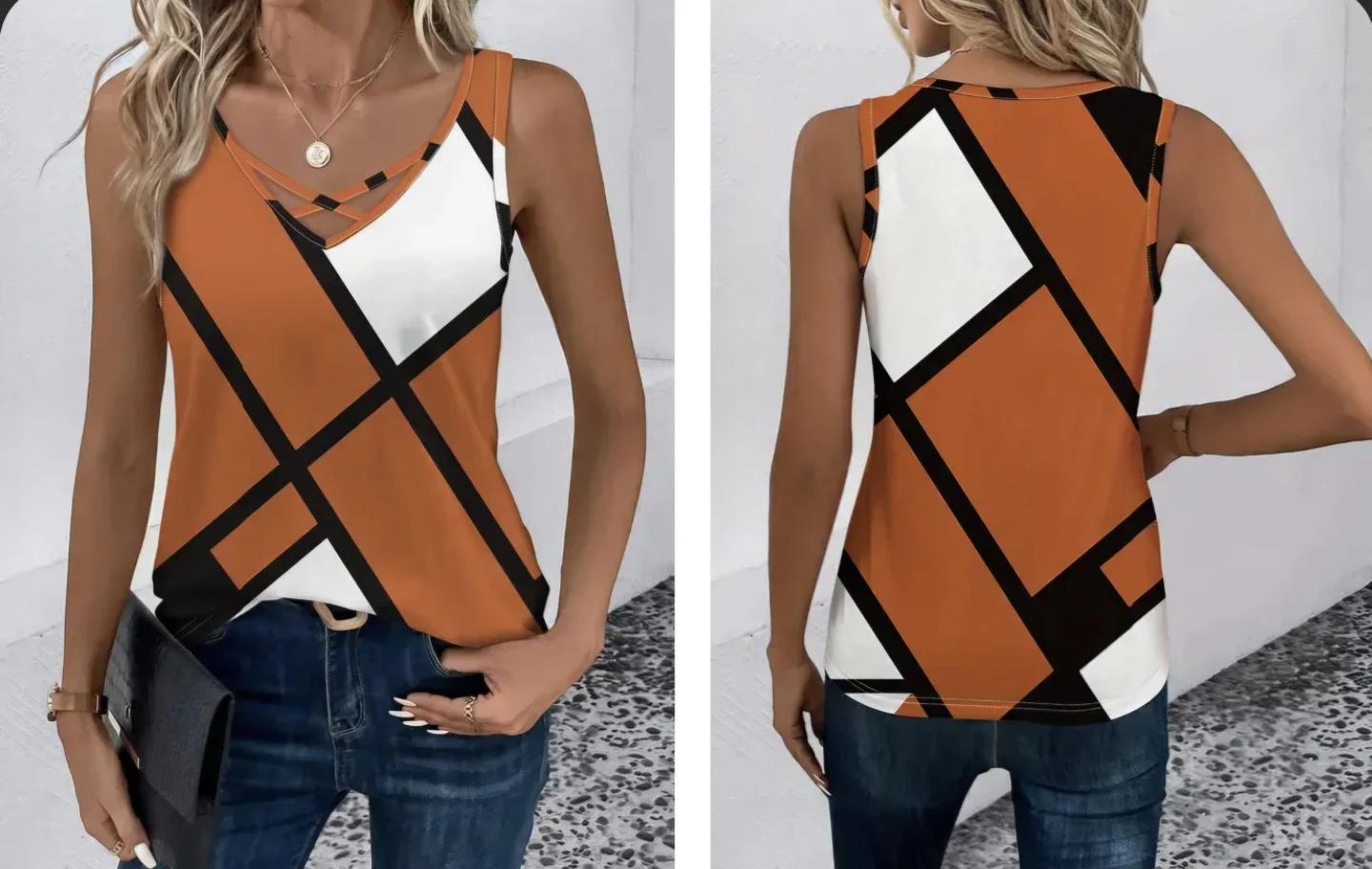 Women's Geometric Print Criss-Cross Tank Top