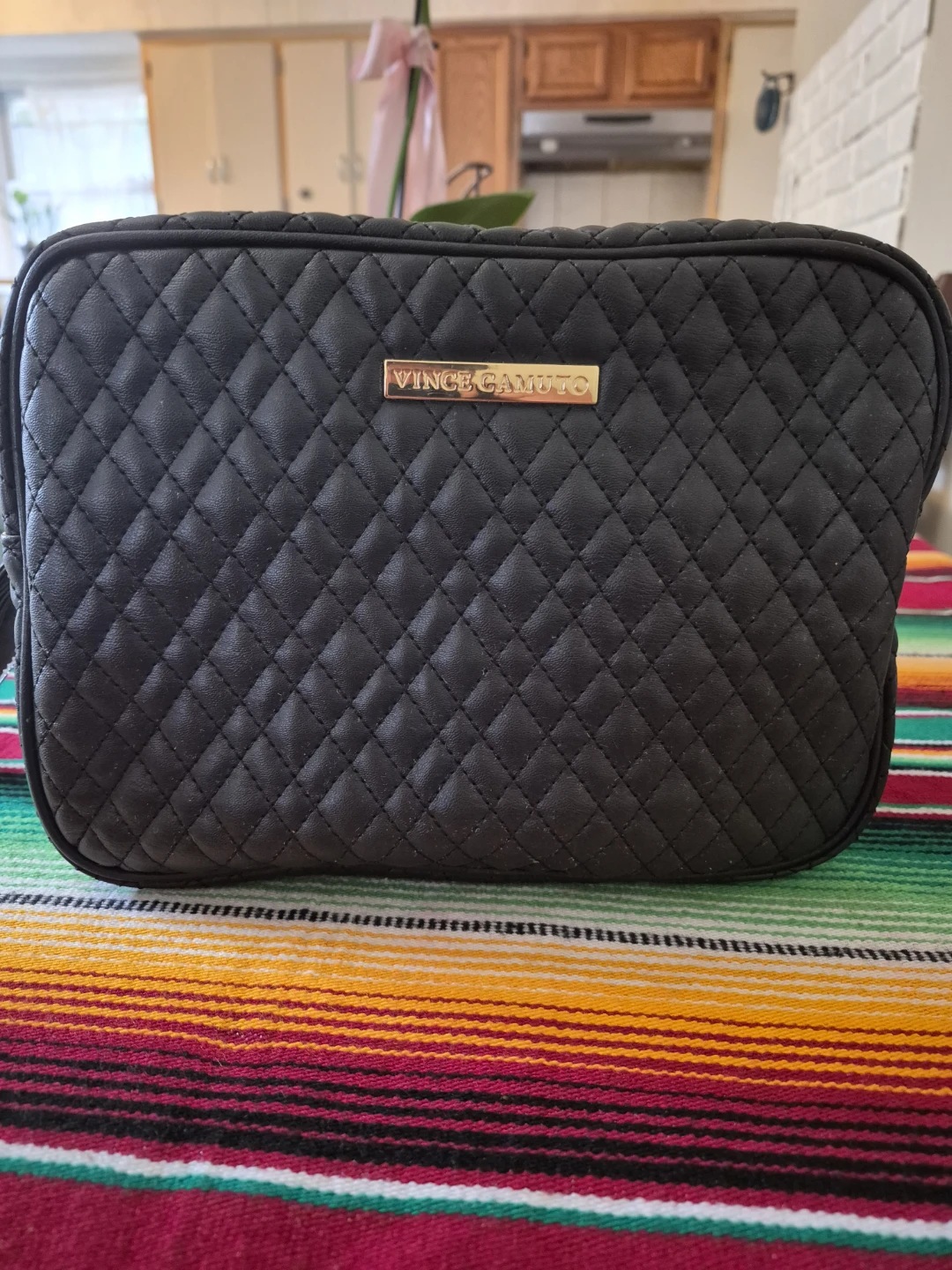 Vince Camuto Quilted Black Faux Leather Cosmetic Bag