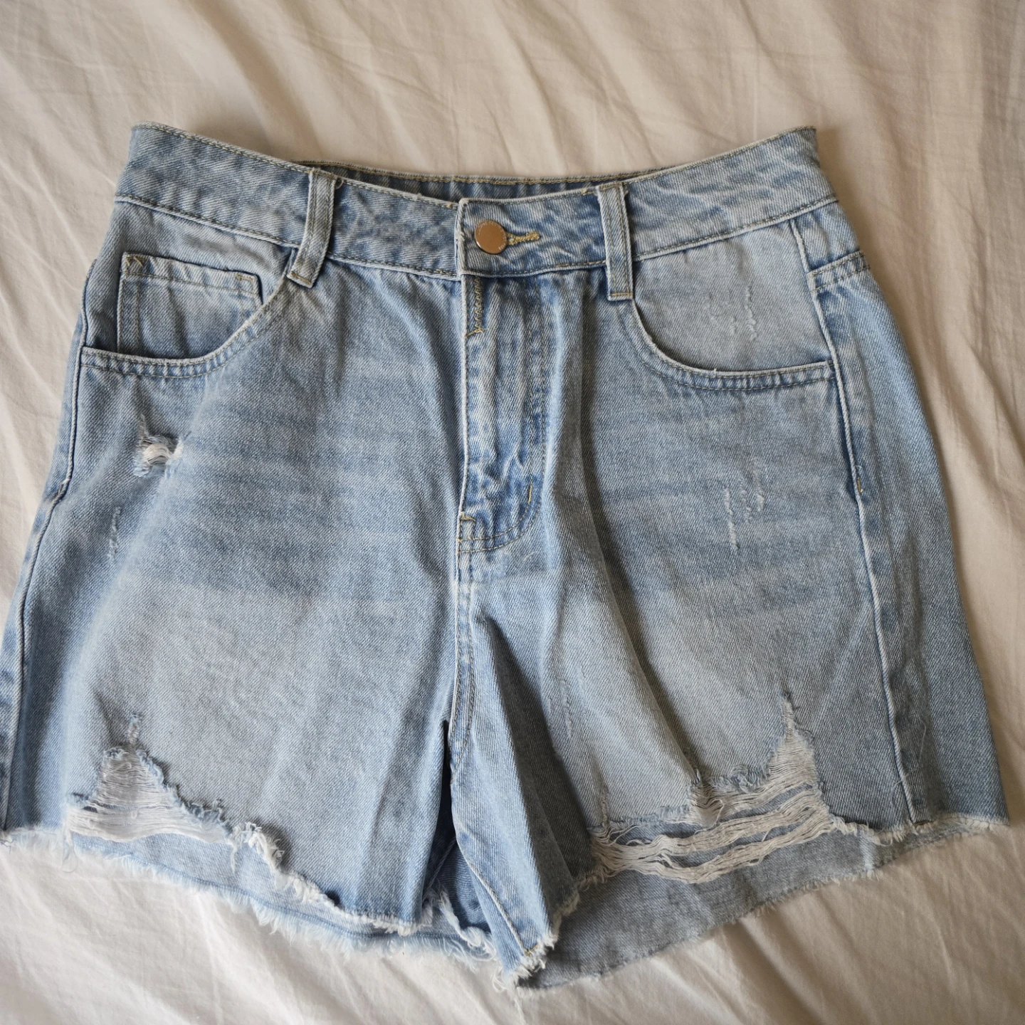 medium wash high rise denim shorts