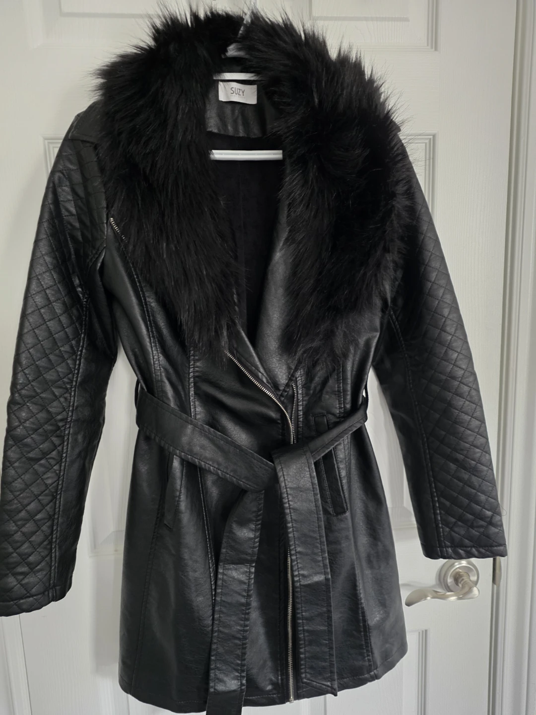 Suzy Black Faux Leather Jacket with Fur Collar