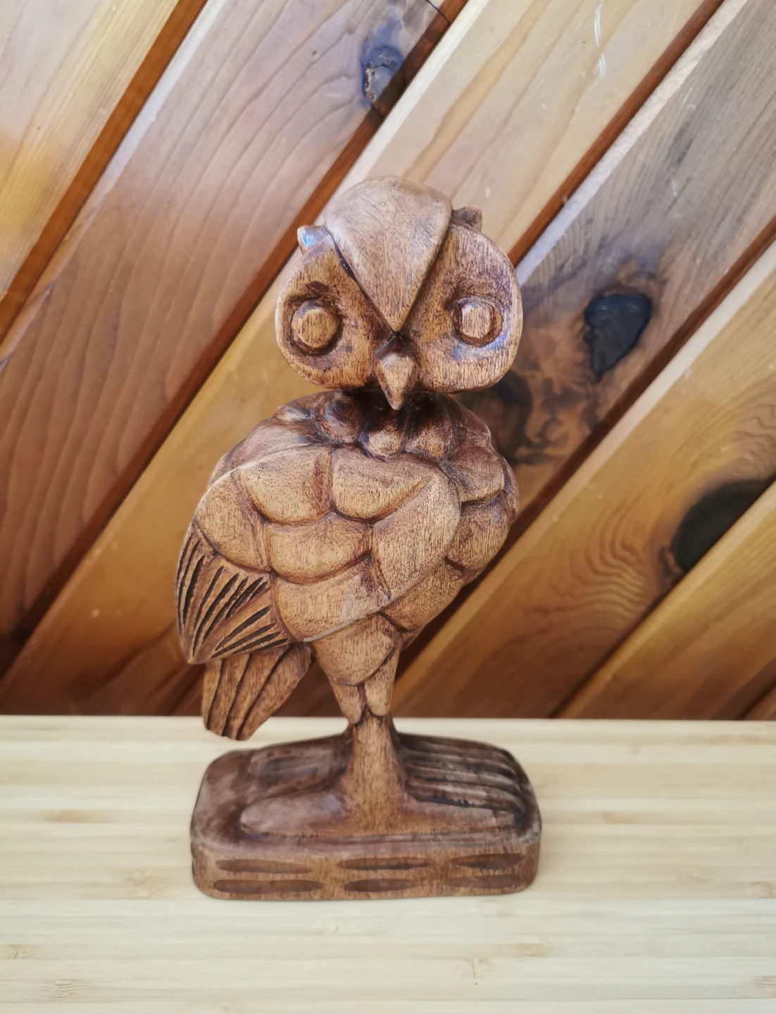 Vintage Hand Carved Wooden Owl Sculpture